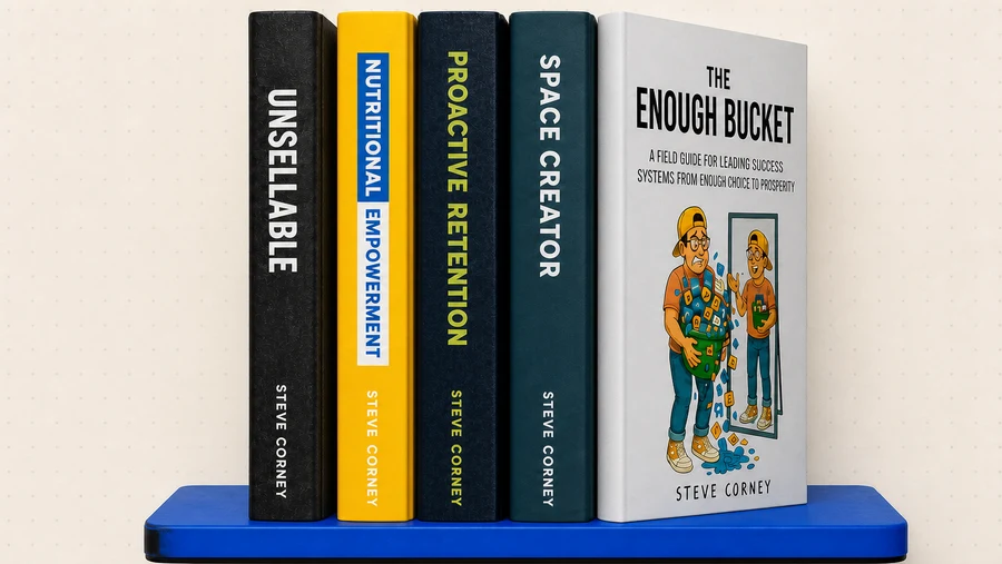Steve Corney's books lined up on a shelf.