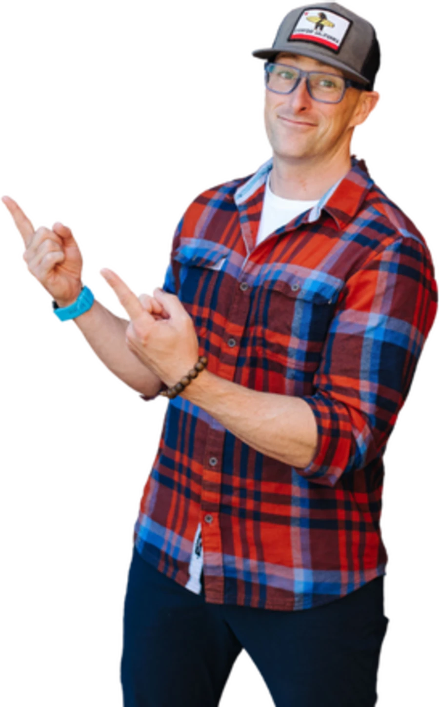 Steve hosting, pointing across the room.
