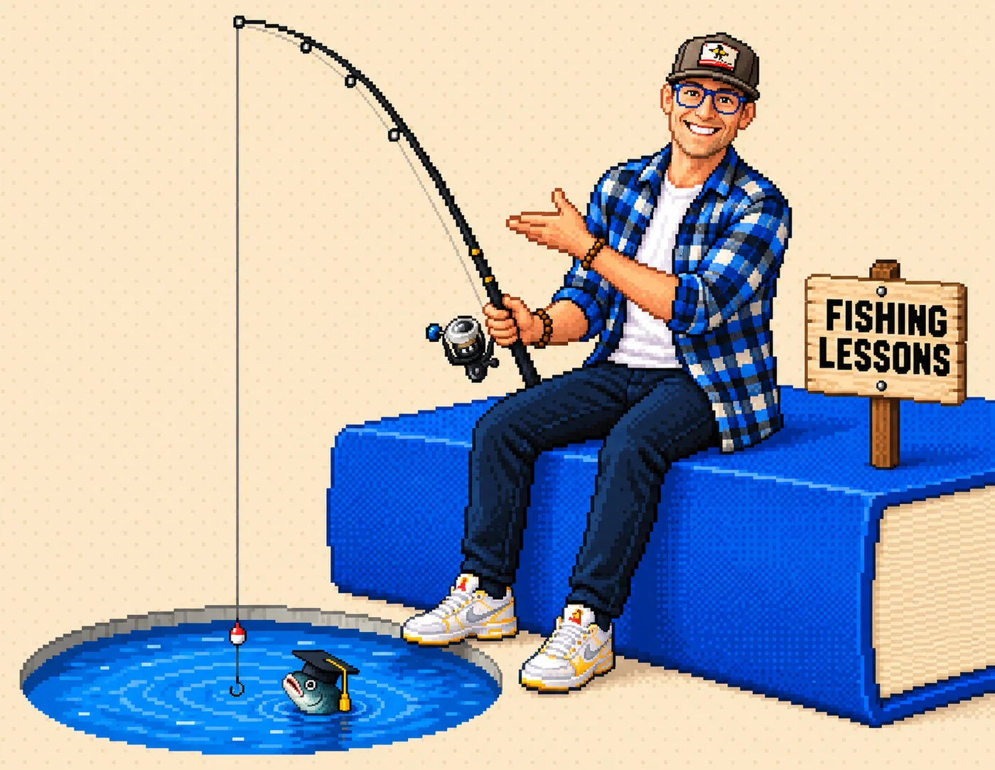 Pixel art of Steve sitting on a giant book, fishing rod in the water, a graduate fish on the line and a FISHING LESSONS sign.