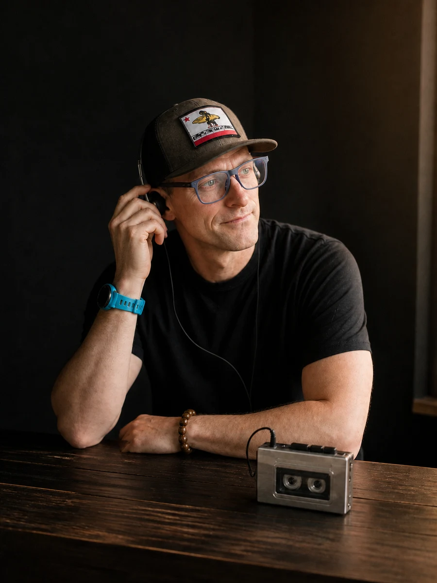 Steve listening to his dad's cassette tape on a portable player, headphones on.